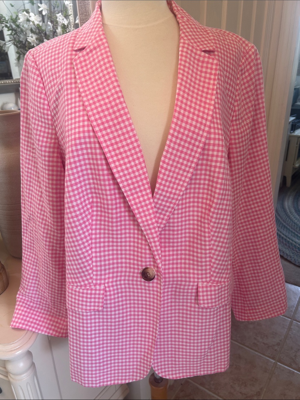 NWT Talbots Women’s Plus 16W Pink White Gingham Linen Blend Check Jacket